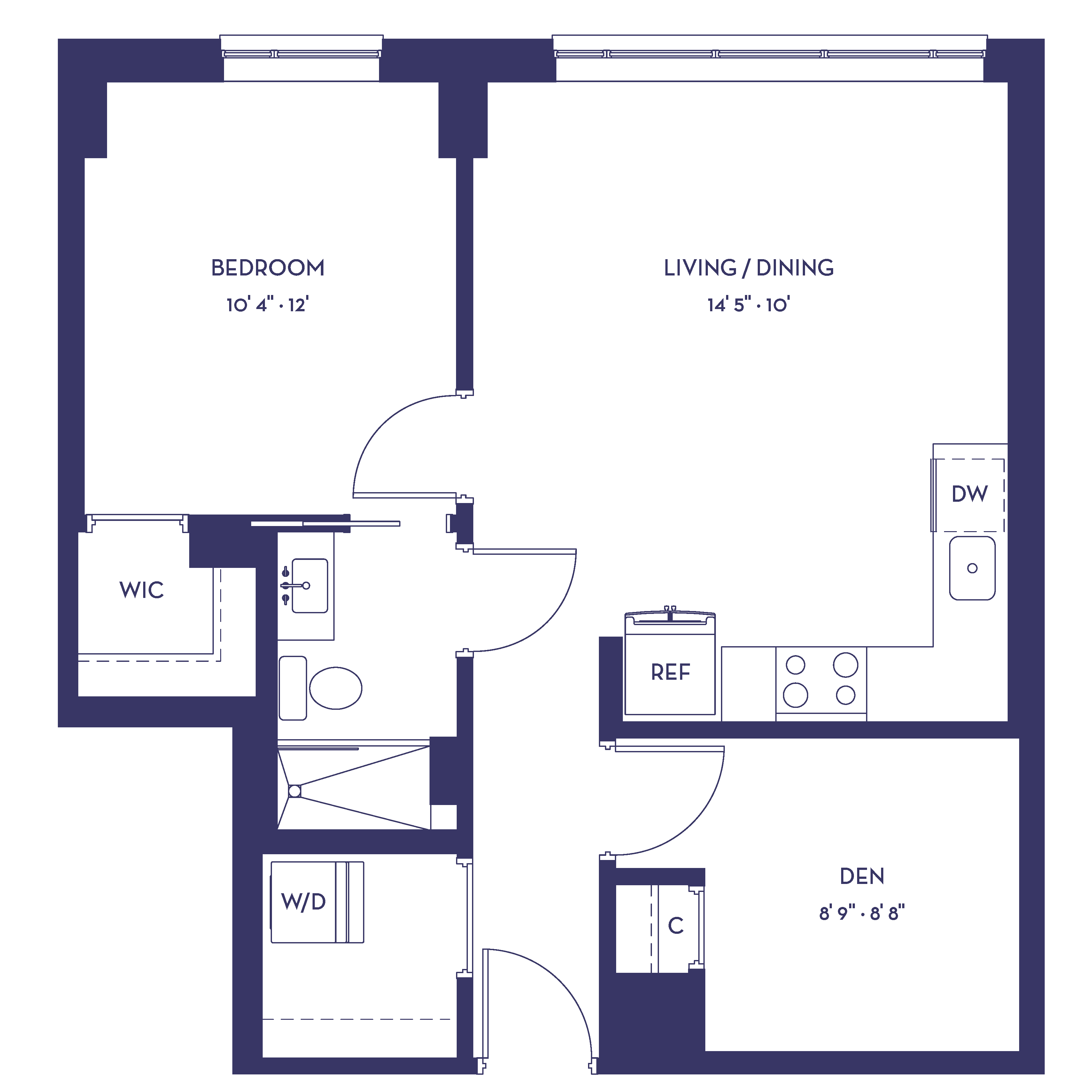 Floor plan for 1 bed, 1 bath, 639 sqft
